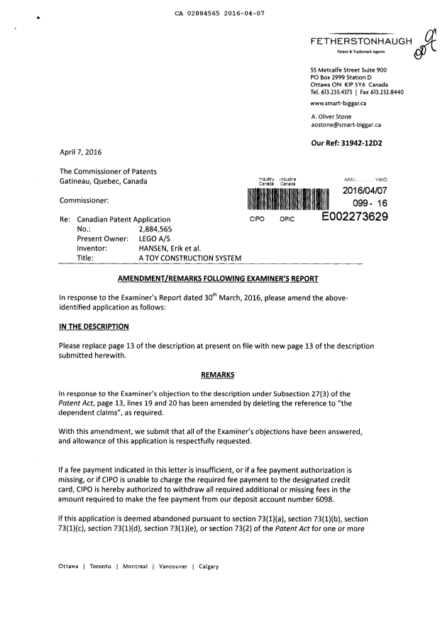 Canadian Patent Document 2884565. Amendment 20160407. Image 1 of 3