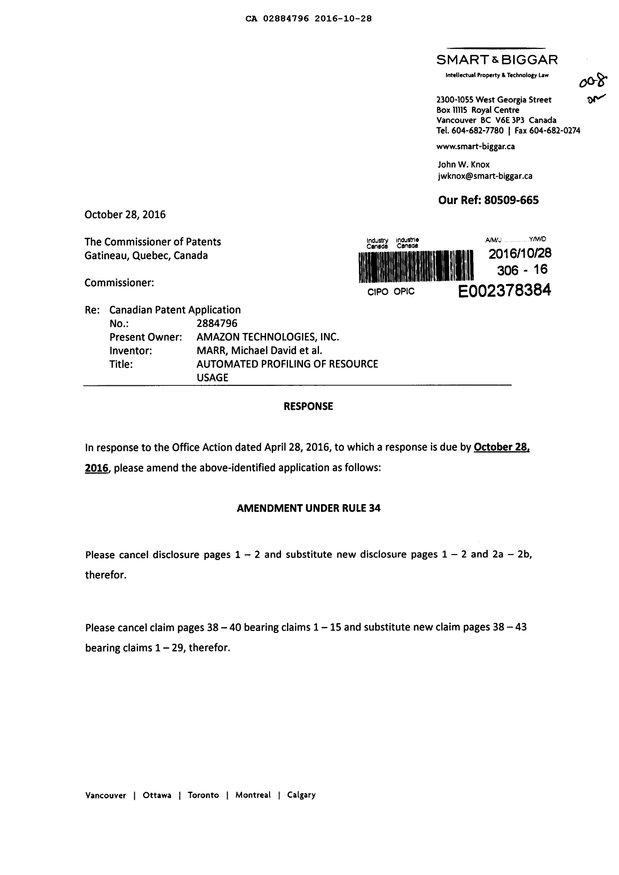 Document de brevet canadien 2884796. Modification 20161028. Image 1 de 18