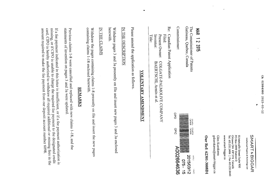 Document de brevet canadien 2884980. Poursuite-Amendment 20150312. Image 1 de 7