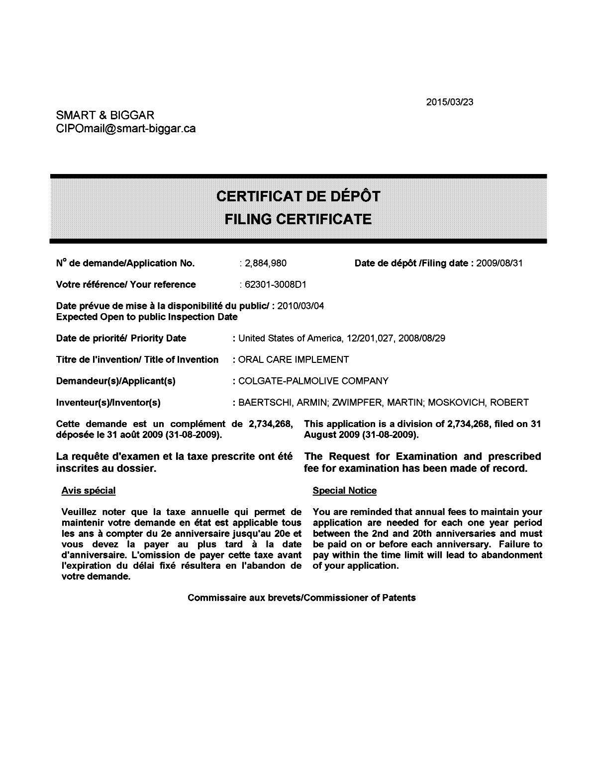 Document de brevet canadien 2884980. Correspondance 20150323. Image 1 de 1