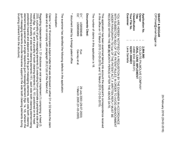 Document de brevet canadien 2884980. Demande d'examen 20160229. Image 1 de 4