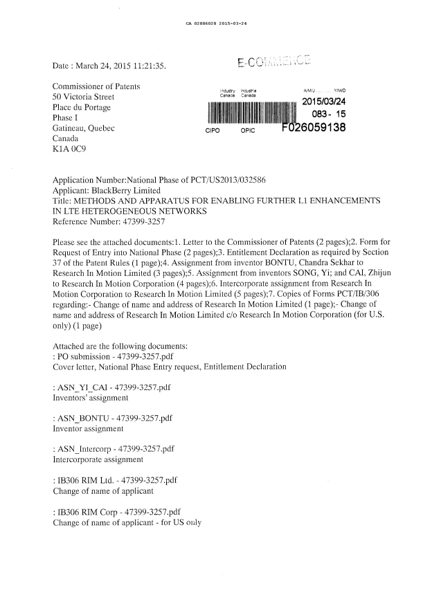 Document de brevet canadien 2886028. Cession 20150324. Image 1 de 19