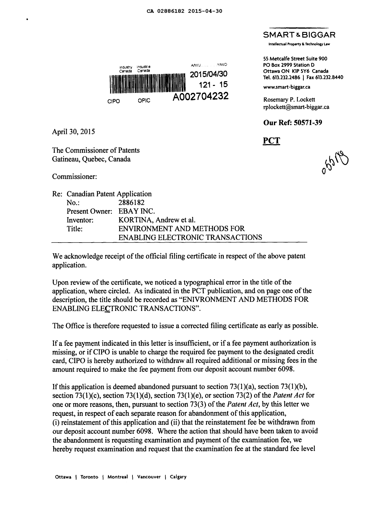 Document de brevet canadien 2886182. Correspondance 20150430. Image 1 de 3