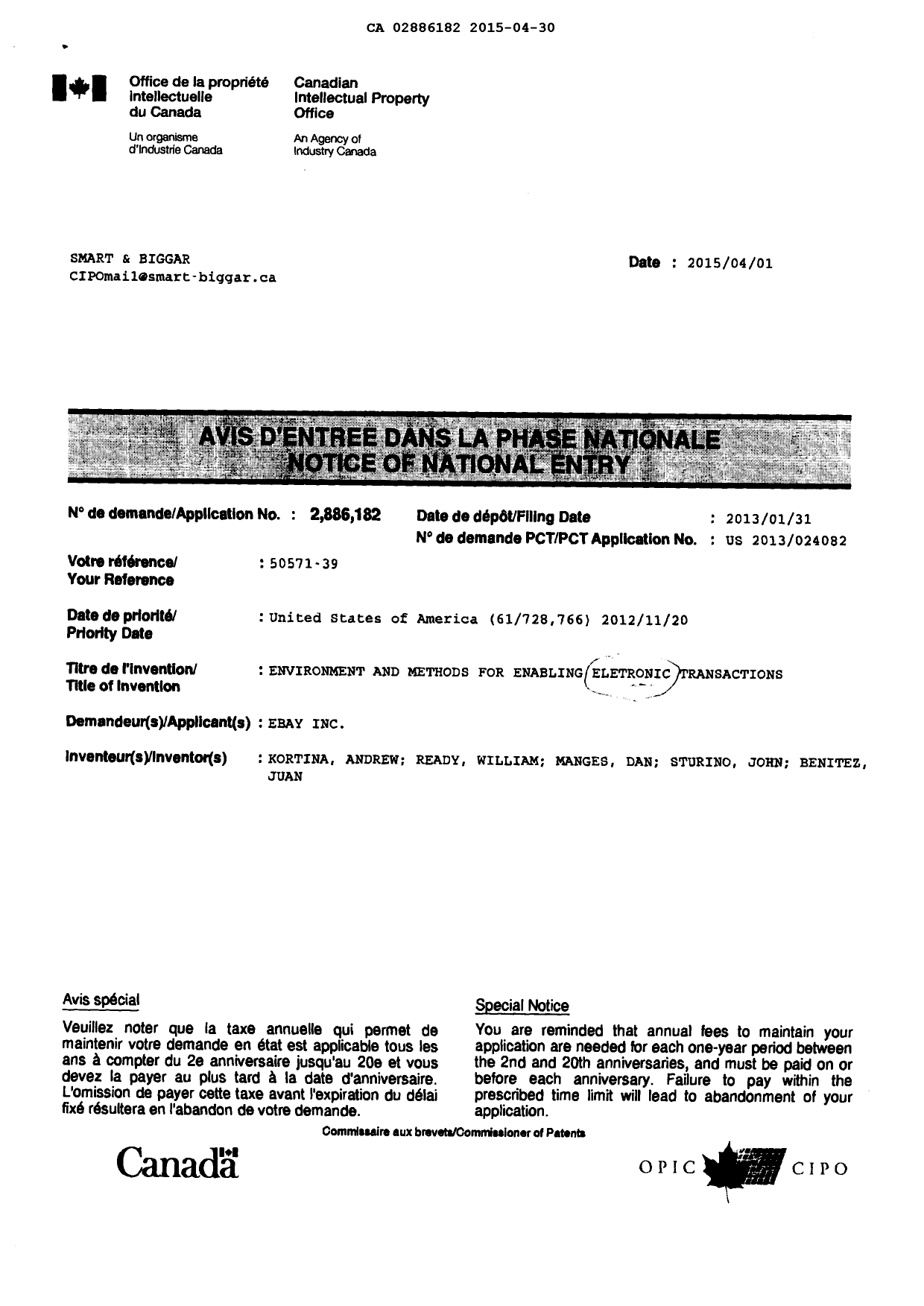 Canadian Patent Document 2886182. Correspondence 20150430. Image 3 of 3