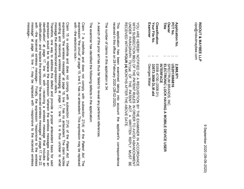 Document de brevet canadien 2888971. Demande d'examen 20200909. Image 1 de 3