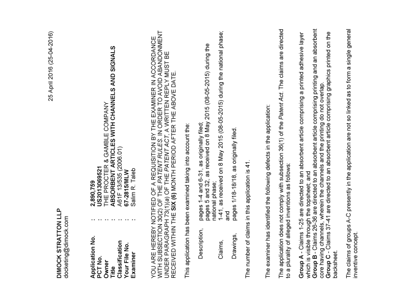 Canadian Patent Document 2890759. Examiner Requisition 20160425. Image 1 of 4