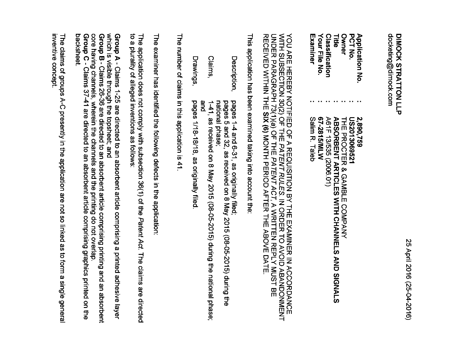 Document de brevet canadien 2890759. Demande d'examen 20160425. Image 1 de 4