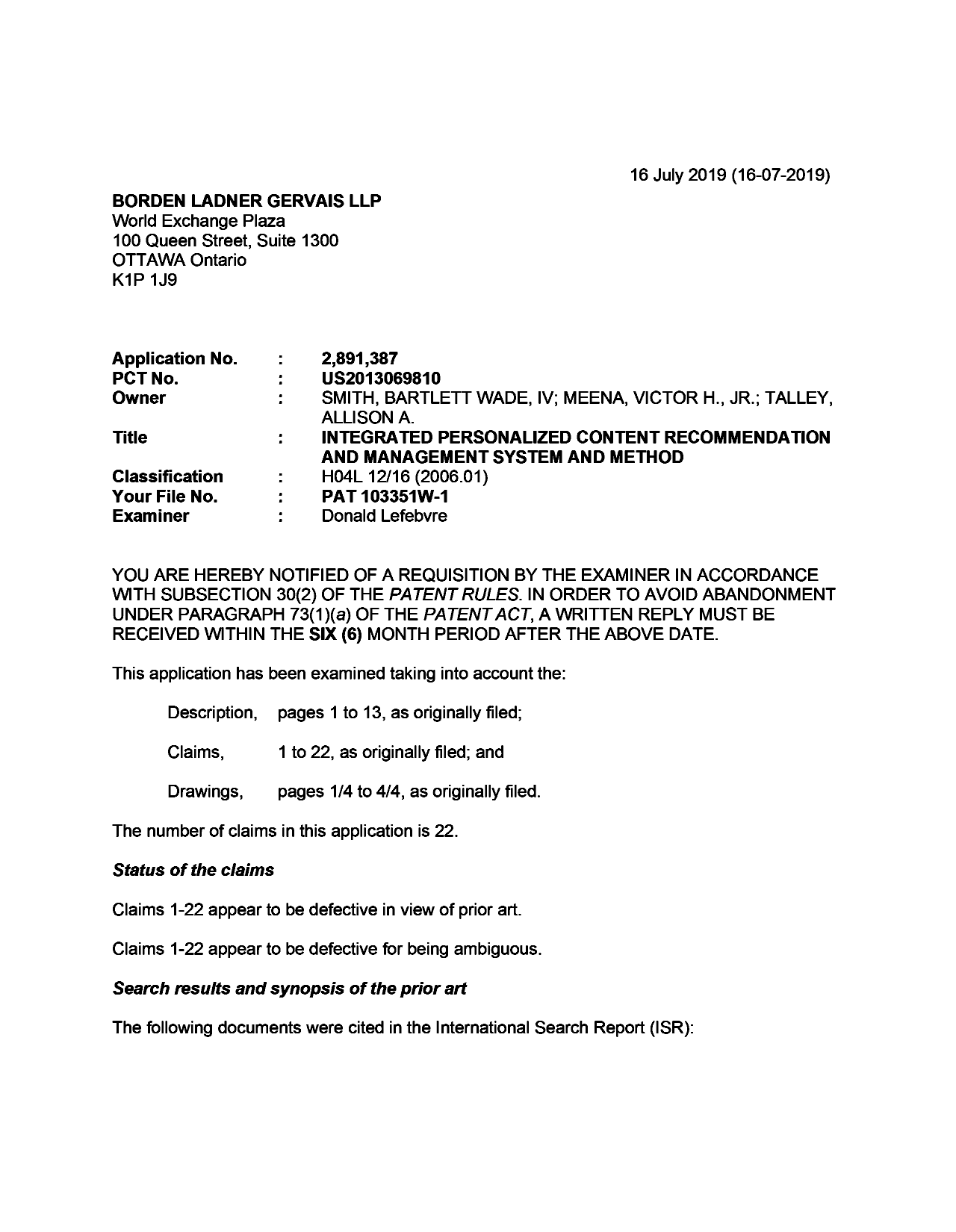 Document de brevet canadien 2891387. Demande d'examen 20190716. Image 1 de 7