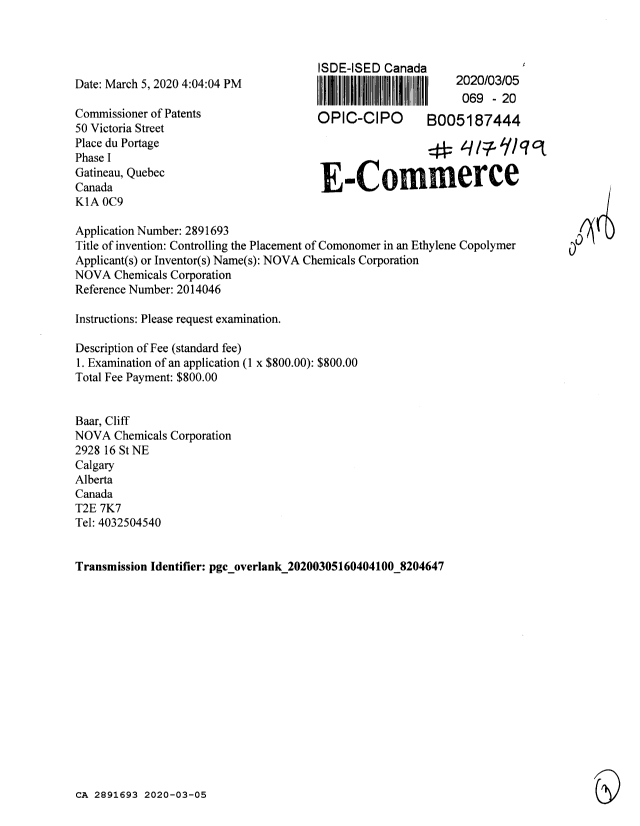 Document de brevet canadien 2891693. Requête d'examen 20200305. Image 1 de 3