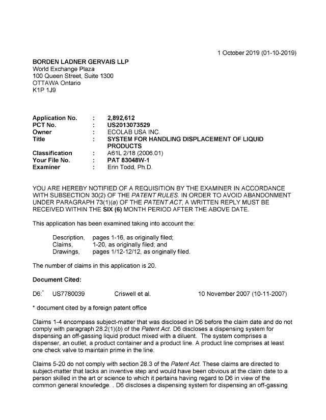 Canadian Patent Document 2892612. Examiner Requisition 20191001. Image 1 of 4