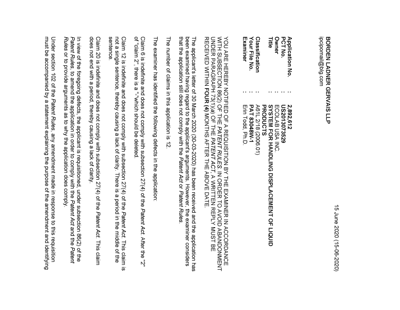 Document de brevet canadien 2892612. Demande d'examen 20200615. Image 1 de 3