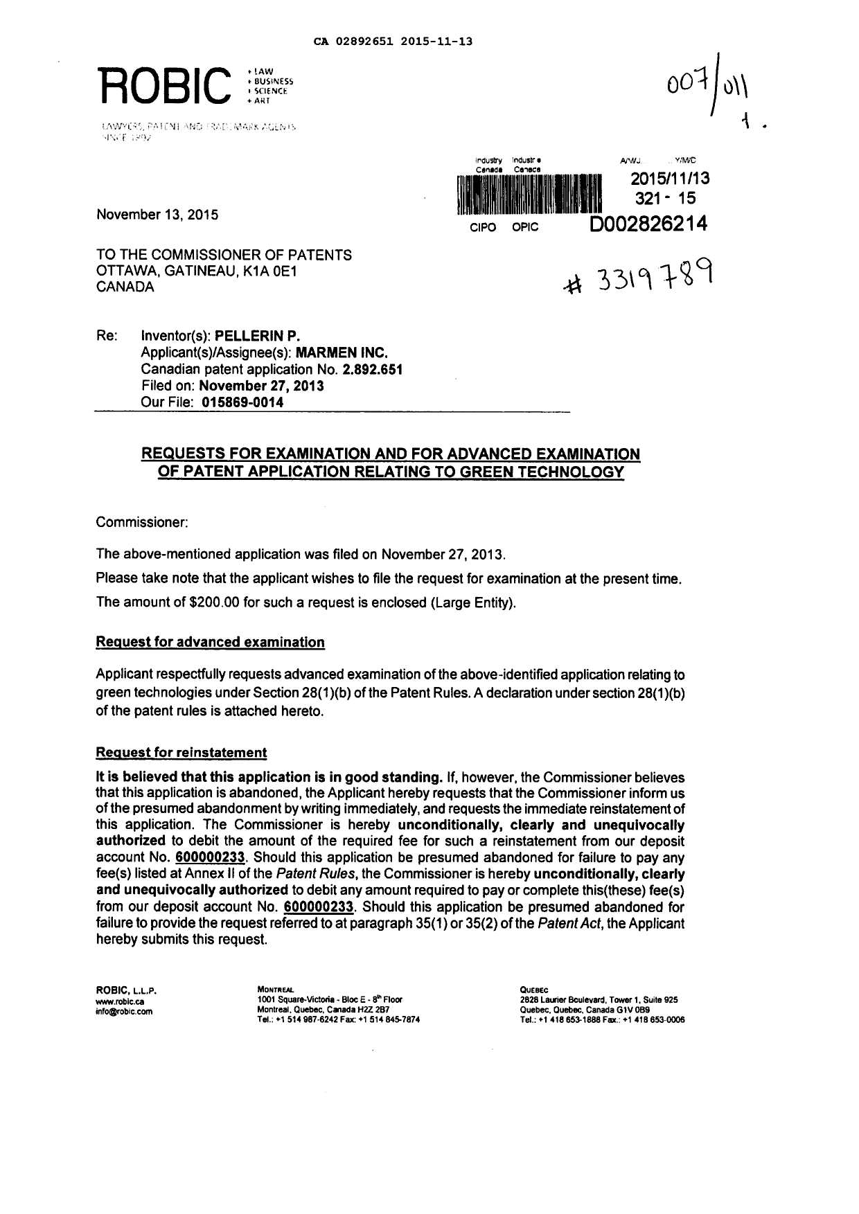 Canadian Patent Document 2892651. Prosecution-Amendment 20141213. Image 1 of 3