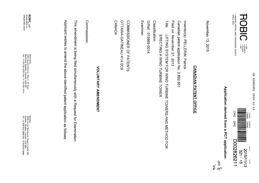 Document de brevet canadien 2892651. Modification 20151113. Image 1 de 16