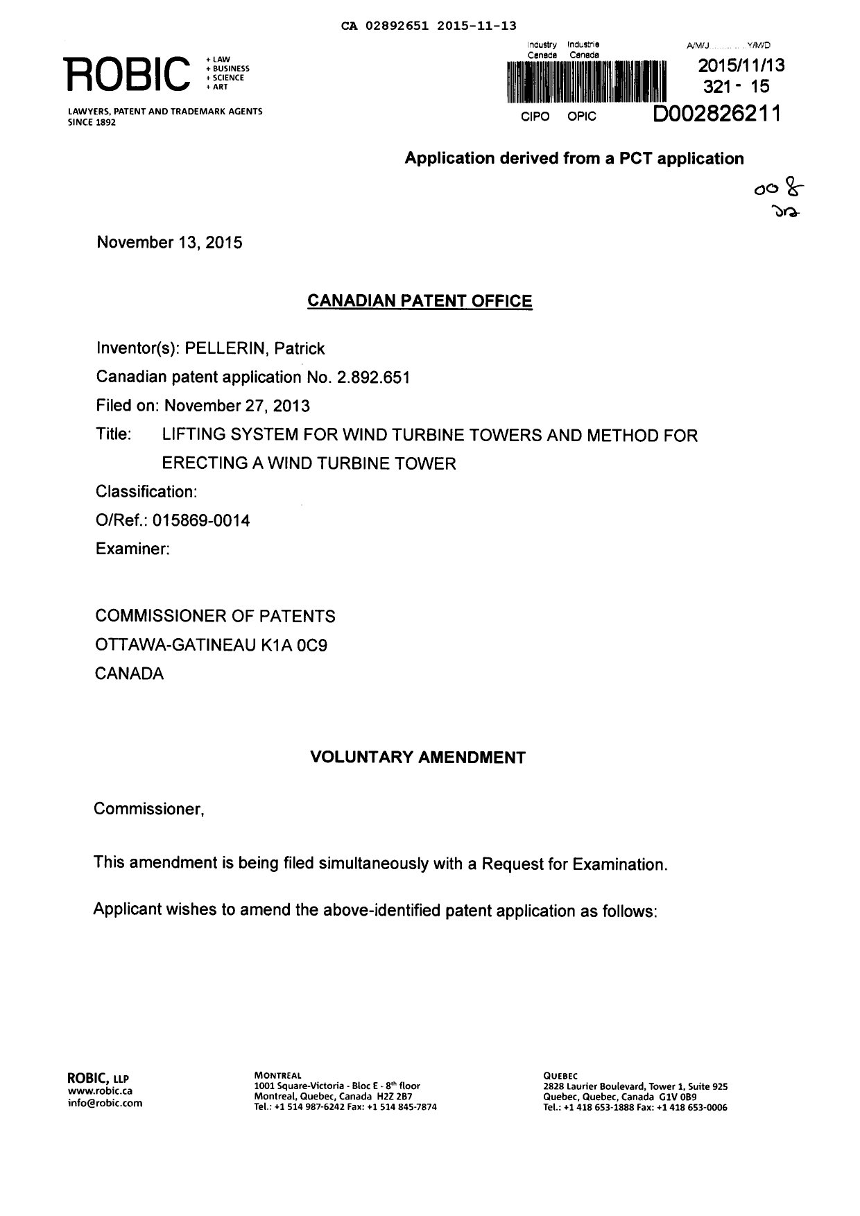 Document de brevet canadien 2892651. Modification 20151113. Image 1 de 16