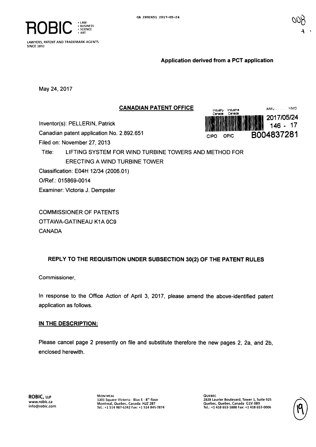 Canadian Patent Document 2892651. Prosecution-Amendment 20161224. Image 1 of 19