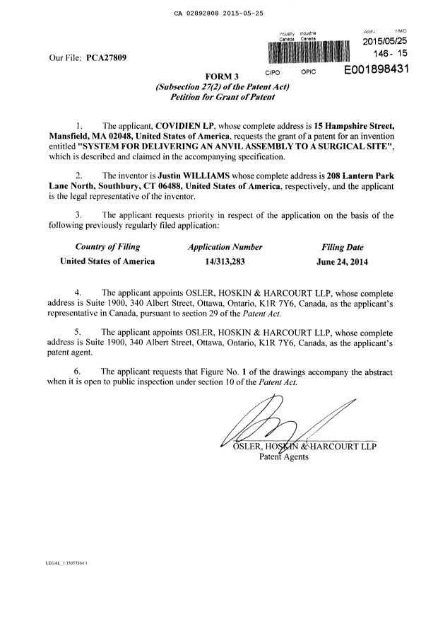 Document de brevet canadien 2892808. Cession 20150525. Image 3 de 3