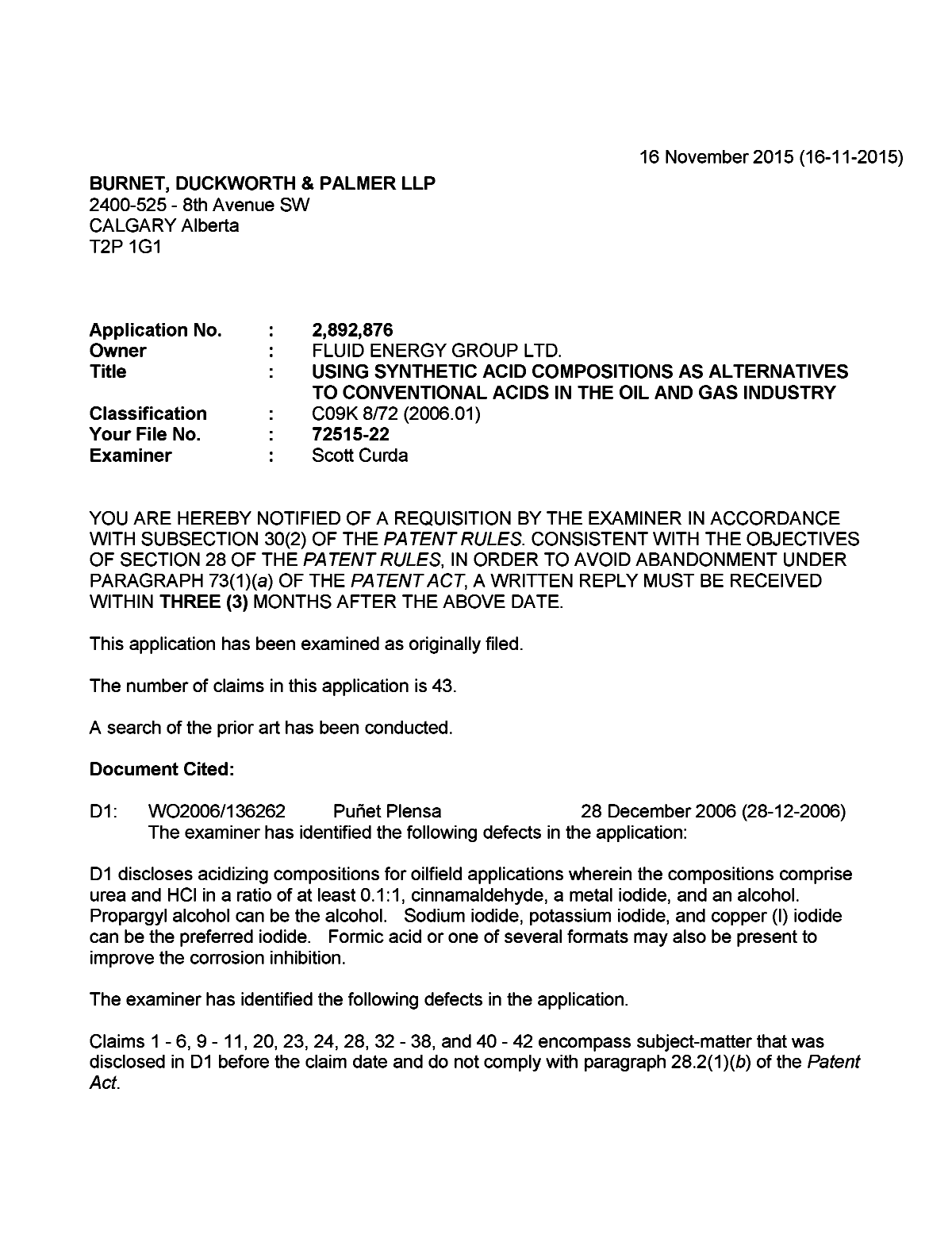 Canadian Patent Document 2892876. Examiner Requisition 20151116. Image 1 of 5