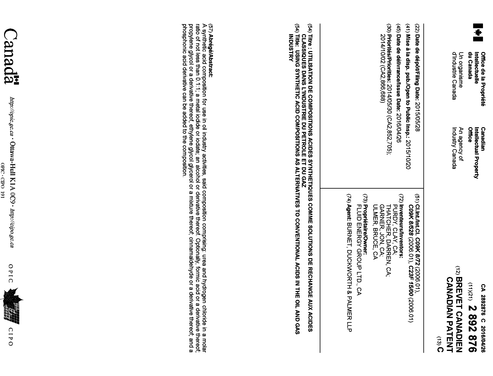 Document de brevet canadien 2892876. Page couverture 20151215. Image 1 de 1