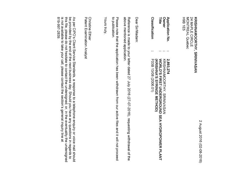 Document de brevet canadien 2893274. Correspondance 20151202. Image 1 de 1
