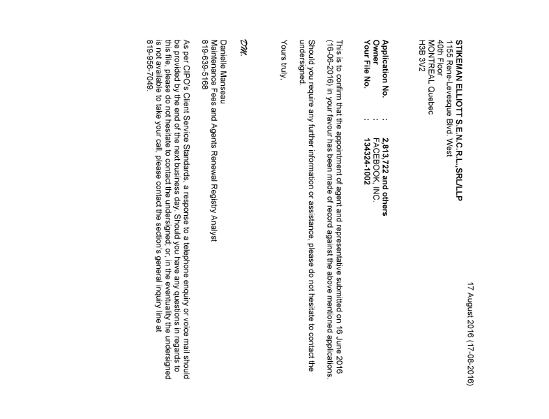 Document de brevet canadien 2893443. Lettre du bureau 20160817. Image 1 de 15