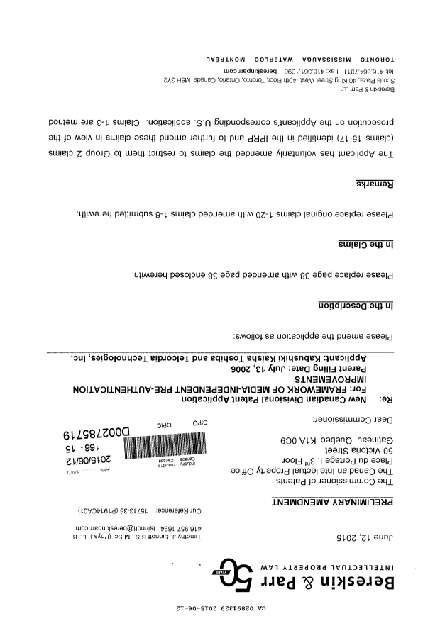 Canadian Patent Document 2894329. Prosecution-Amendment 20150612. Image 1 of 6