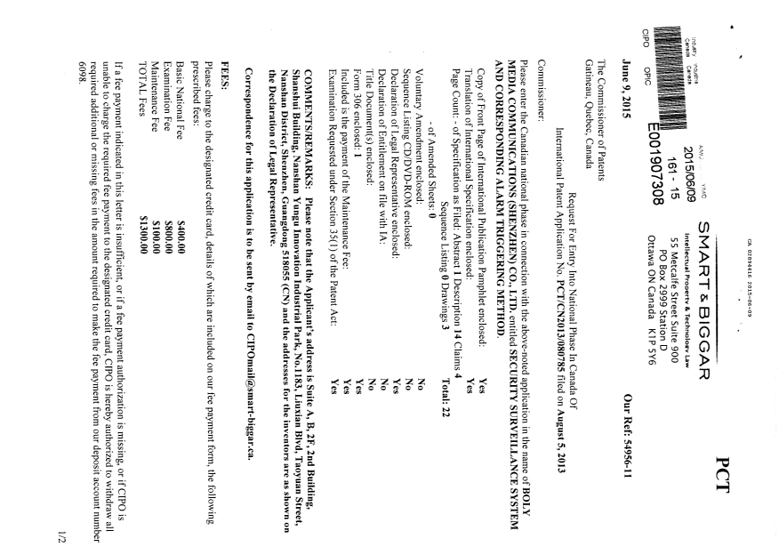 Document de brevet canadien 2894416. Demande d'entrée en phase nationale 20150609. Image 1 de 3