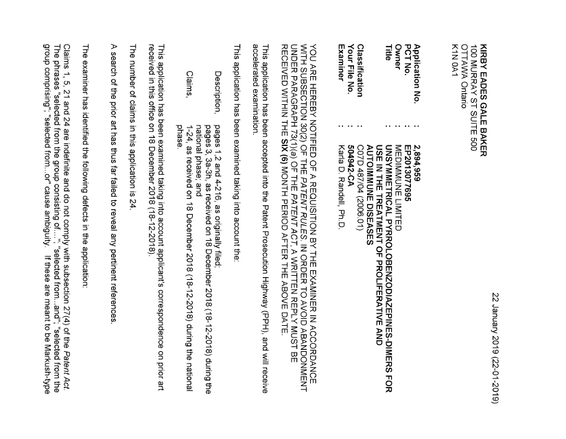 Document de brevet canadien 2894959. Demande d'examen 20190122. Image 1 de 4