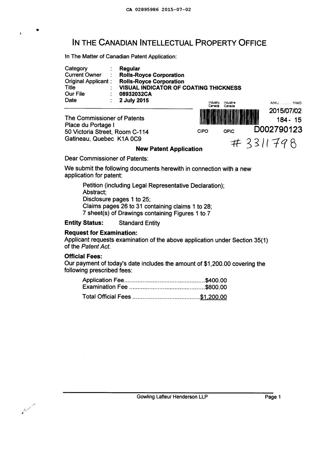 Document de brevet canadien 2895986. Nouvelle demande 20150702. Image 1 de 3