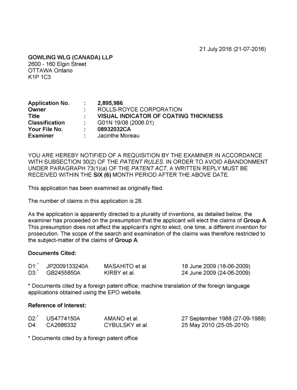 Canadian Patent Document 2895986. Examiner Requisition 20160721. Image 1 of 5