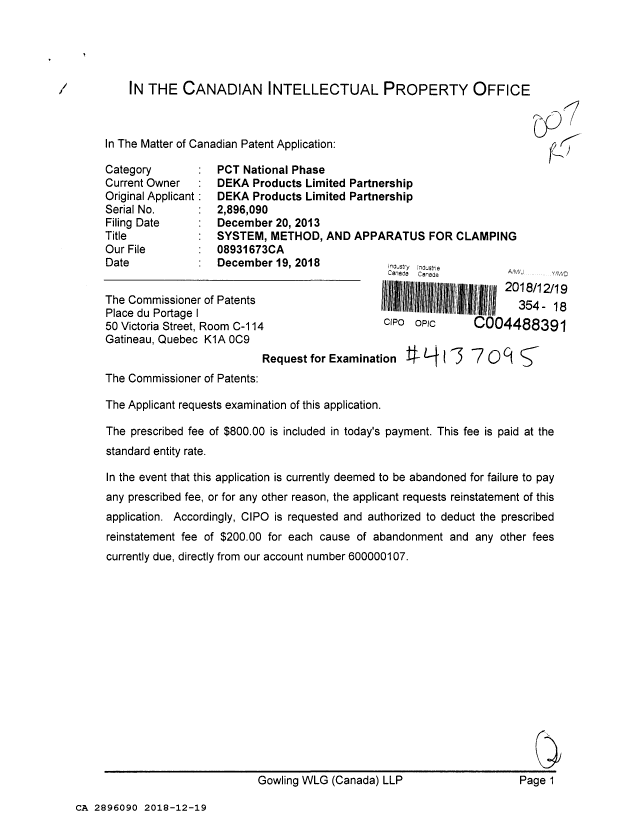 Document de brevet canadien 2896090. Requête d'examen 20181219. Image 1 de 2