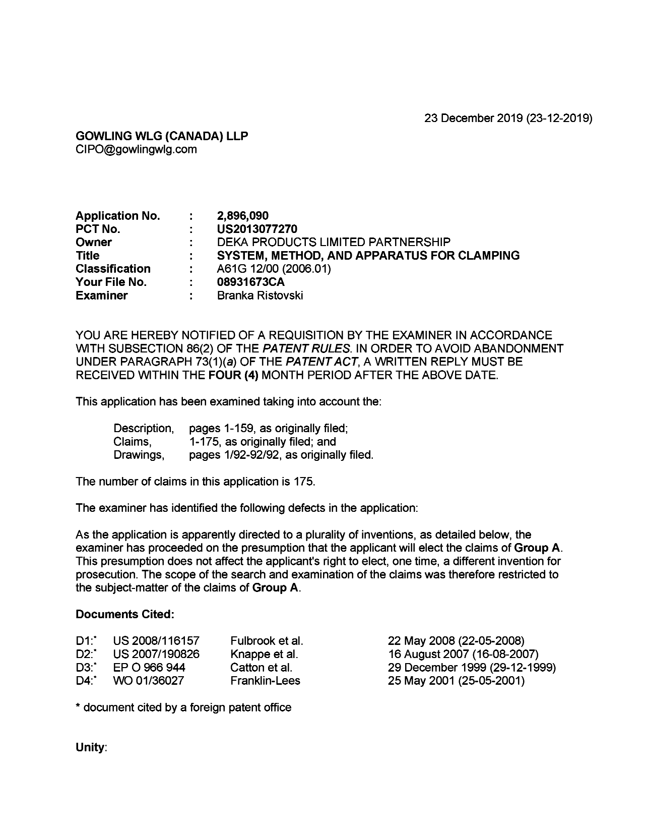 Document de brevet canadien 2896090. Demande d'examen 20191223. Image 1 de 4