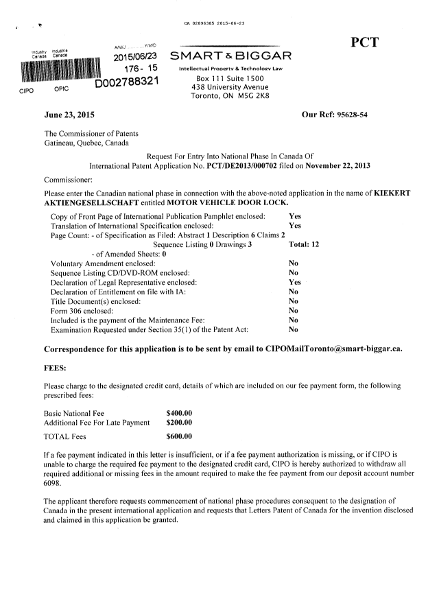 Canadian Patent Document 2896385. National Entry Request 20150623. Image 1 of 3