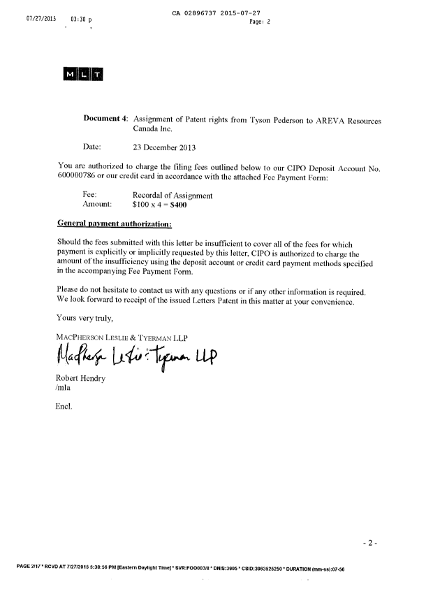 Document de brevet canadien 2896737. Réponse à l'article 37 20150727. Image 2 de 4