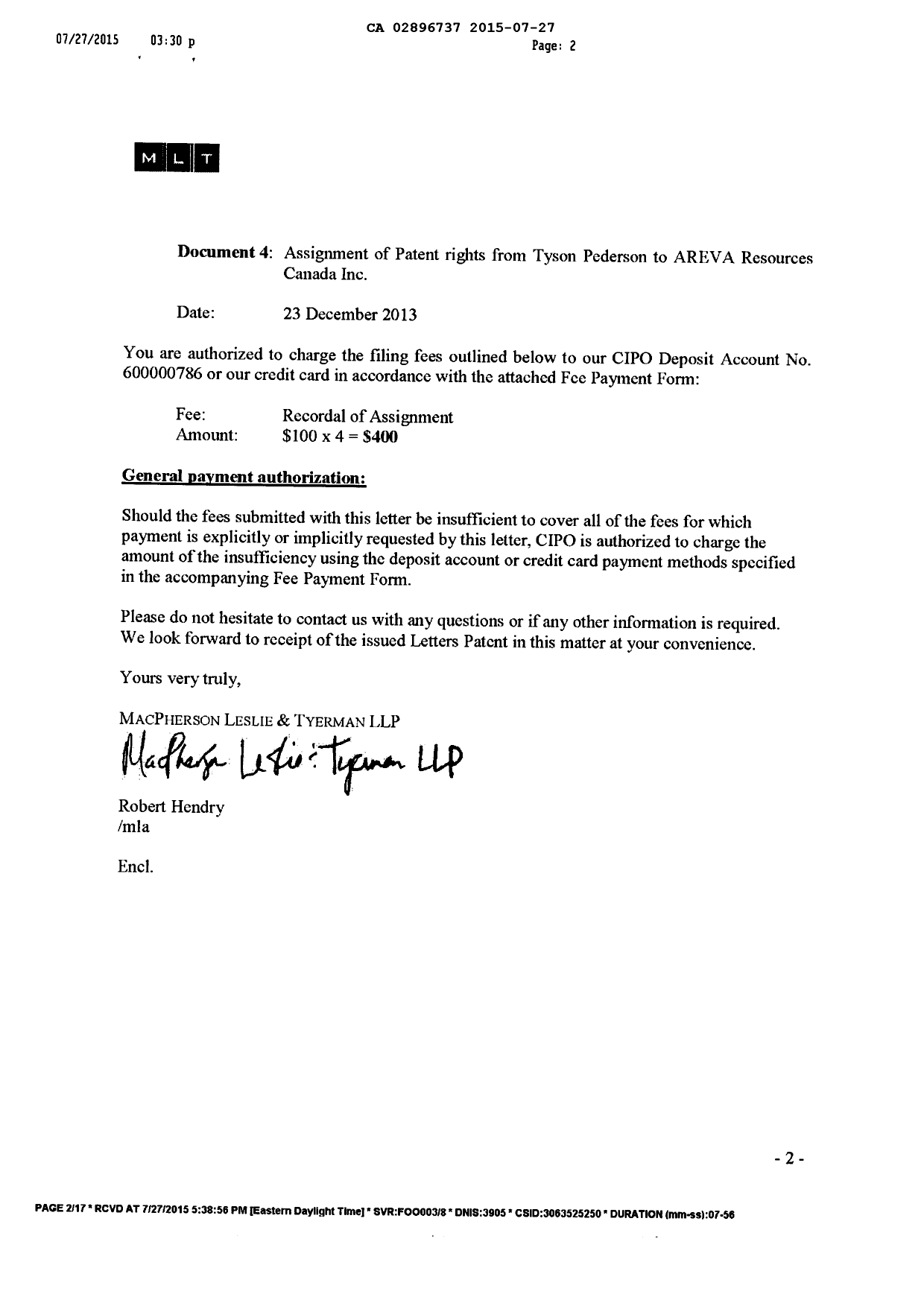 Document de brevet canadien 2896737. Réponse à l'article 37 20150727. Image 2 de 4