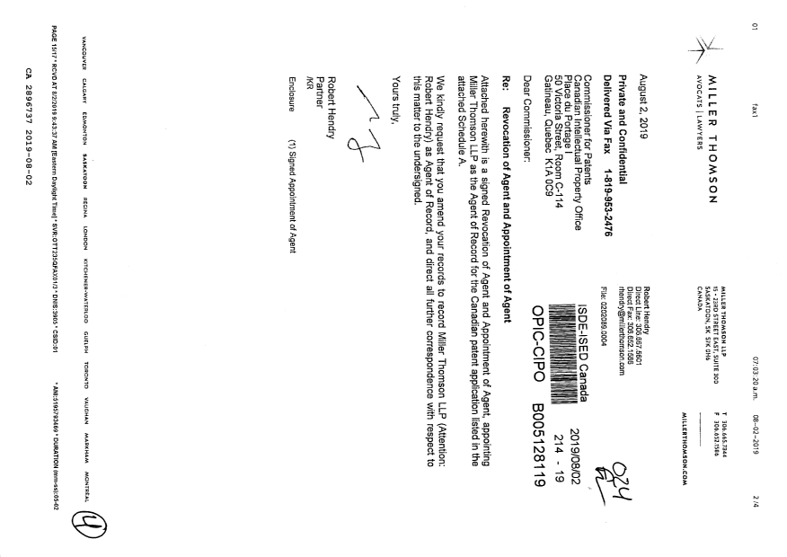 Document de brevet canadien 2896737. Changement de nomination d'agent 20190802. Image 1 de 4