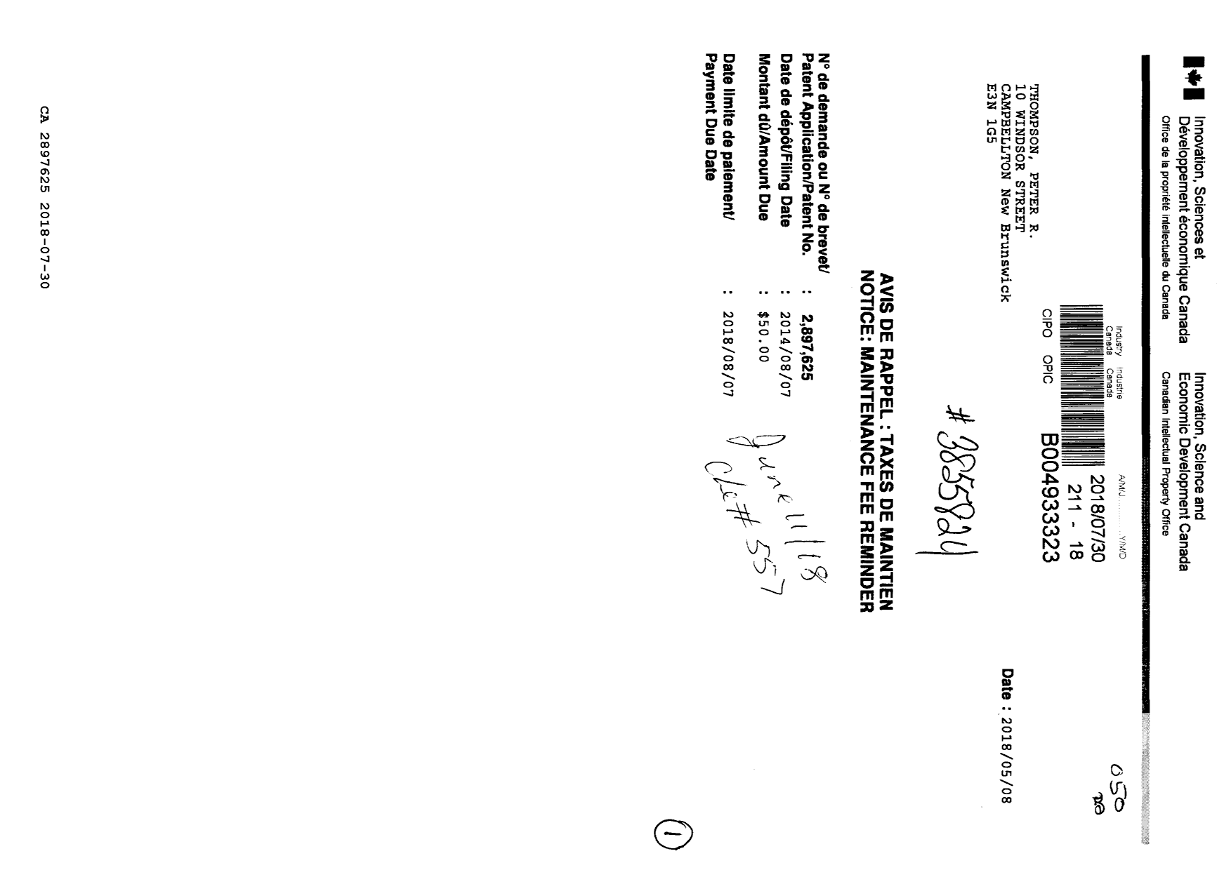 Document de brevet canadien 2897625. Taxes 20171230. Image 1 de 1