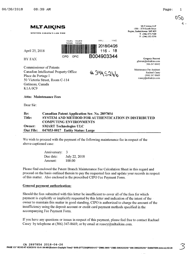 Canadian Patent Document 2897854. Maintenance Fee Payment 20180426. Image 1 of 3