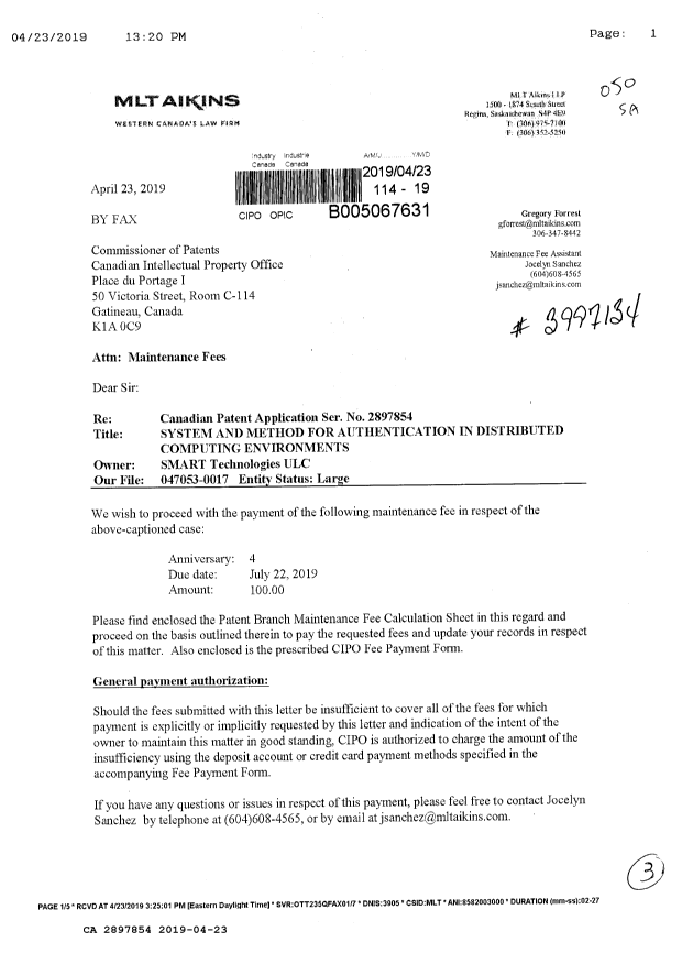 Canadian Patent Document 2897854. Maintenance Fee Payment 20190423. Image 1 of 3