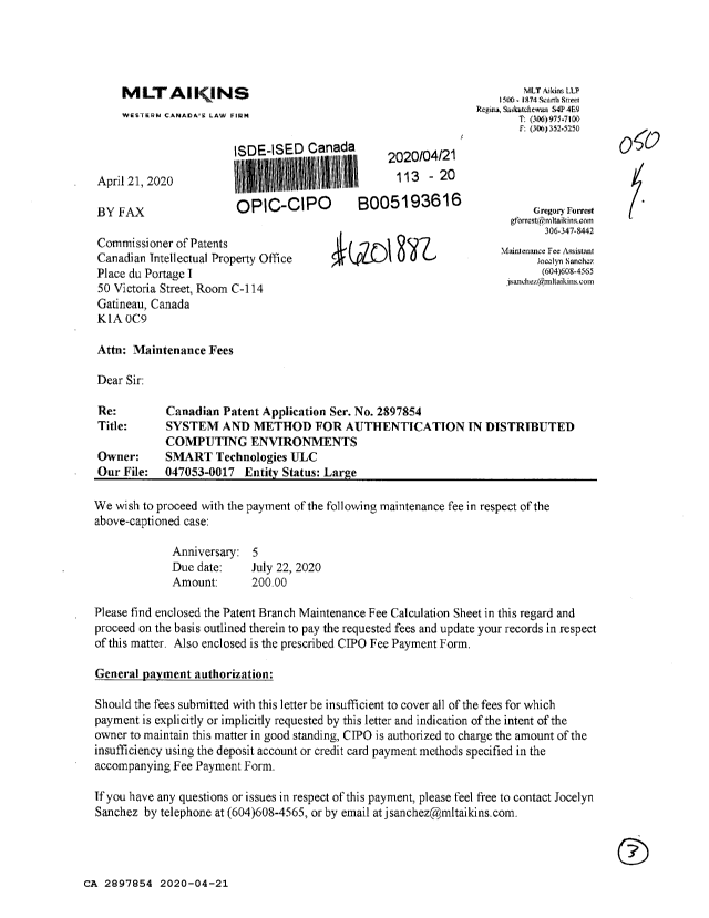 Canadian Patent Document 2897854. Maintenance Fee Payment 20200421. Image 1 of 3