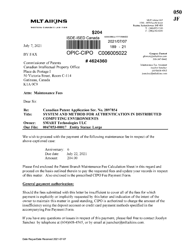 Canadian Patent Document 2897854. Maintenance Fee Payment 20210707. Image 1 of 3