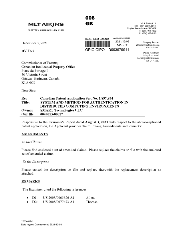 Canadian Patent Document 2897854. Amendment 20211203. Image 1 of 38