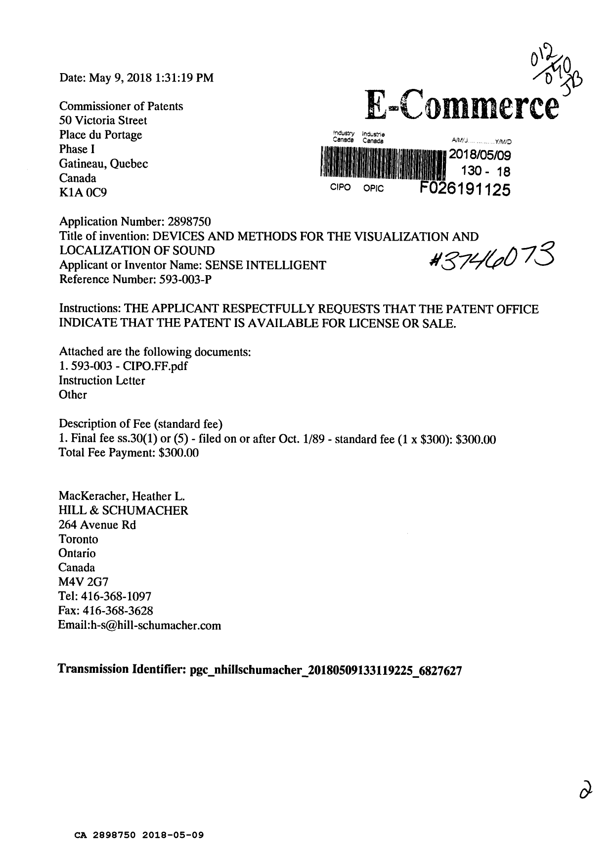 Document de brevet canadien 2898750. Taxe finale 20180509. Image 1 de 2