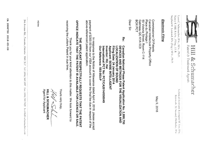 Canadian Patent Document 2898750. Final Fee 20180509. Image 2 of 2