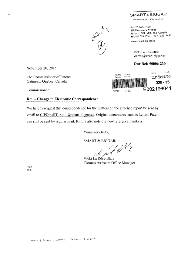 Document de brevet canadien 2898939. Correspondance 20151120. Image 1 de 3