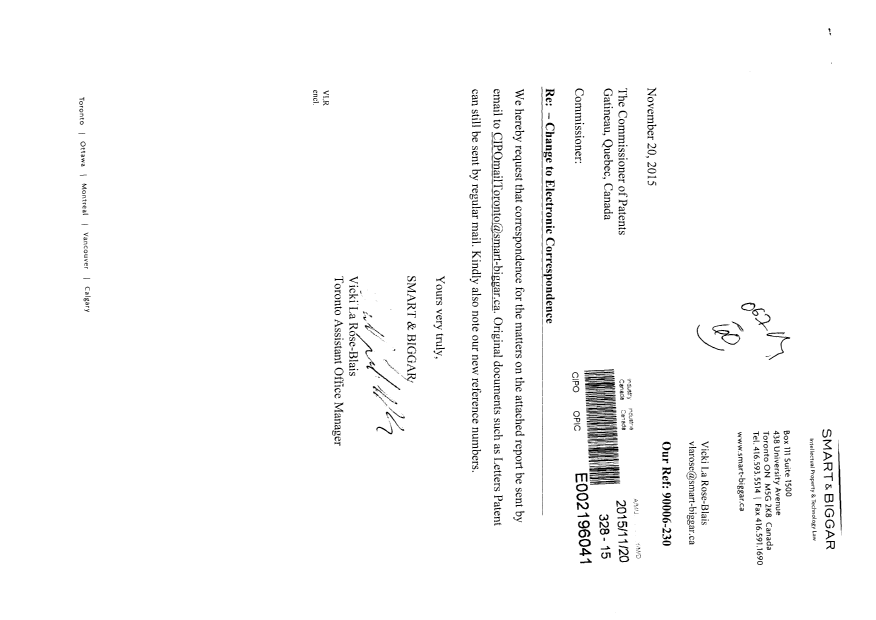 Document de brevet canadien 2898939. Correspondance 20151120. Image 1 de 3