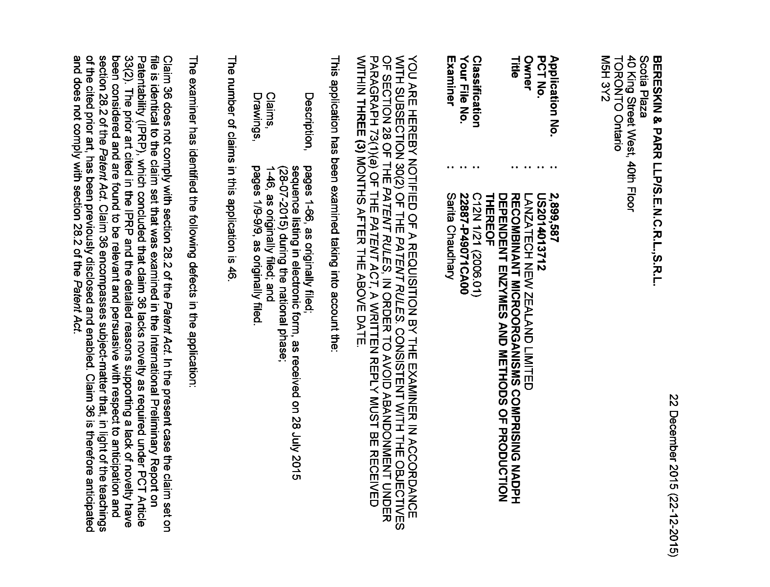 Canadian Patent Document 2899587. Prosecution-Amendment 20141222. Image 1 of 6