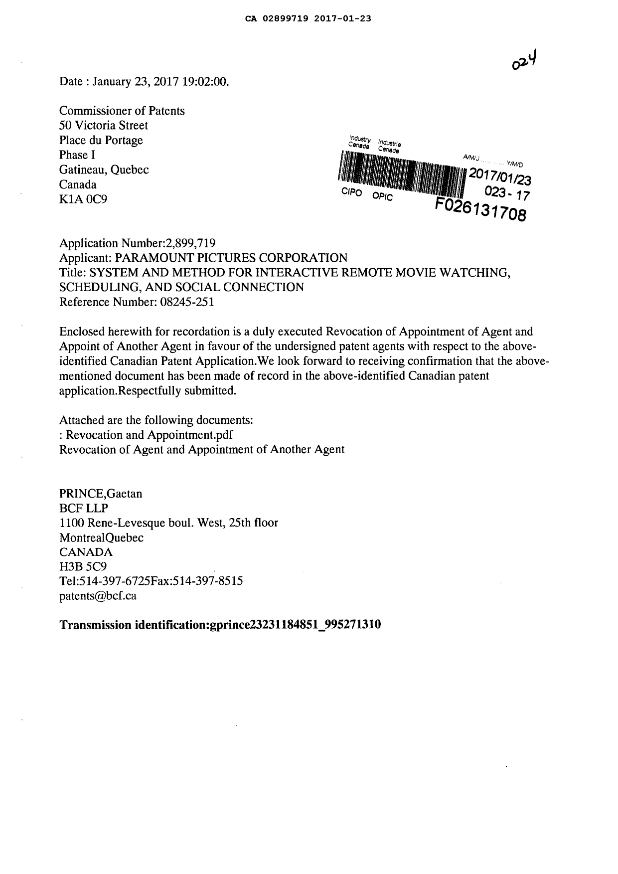 Document de brevet canadien 2899719. Changement de nomination d'agent 20170123. Image 1 de 2