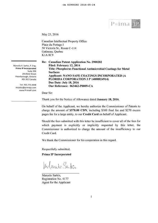 Document de brevet canadien 2900282. Correspondance 20151224. Image 2 de 2