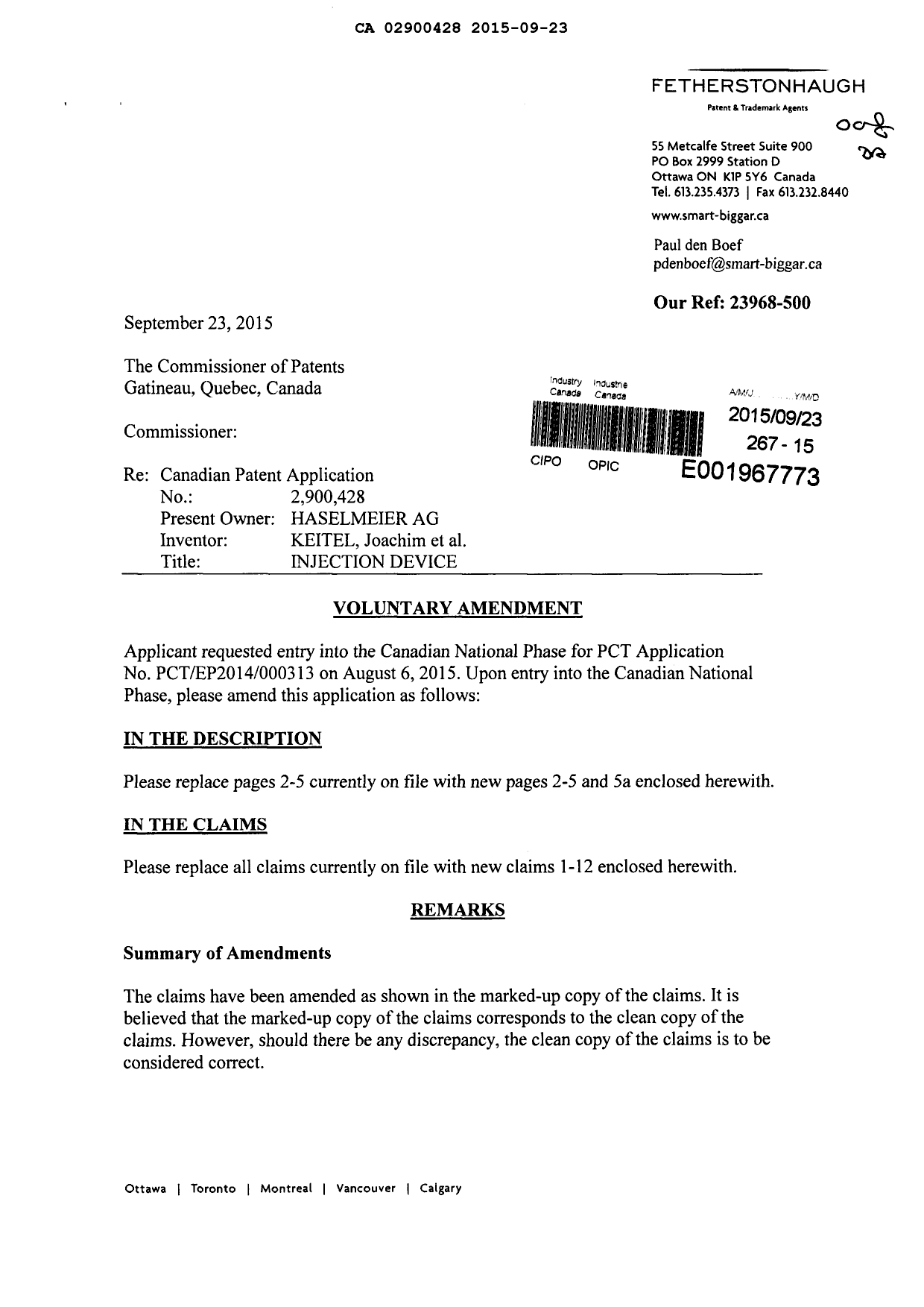 Document de brevet canadien 2900428. Modification 20150923. Image 1 de 17