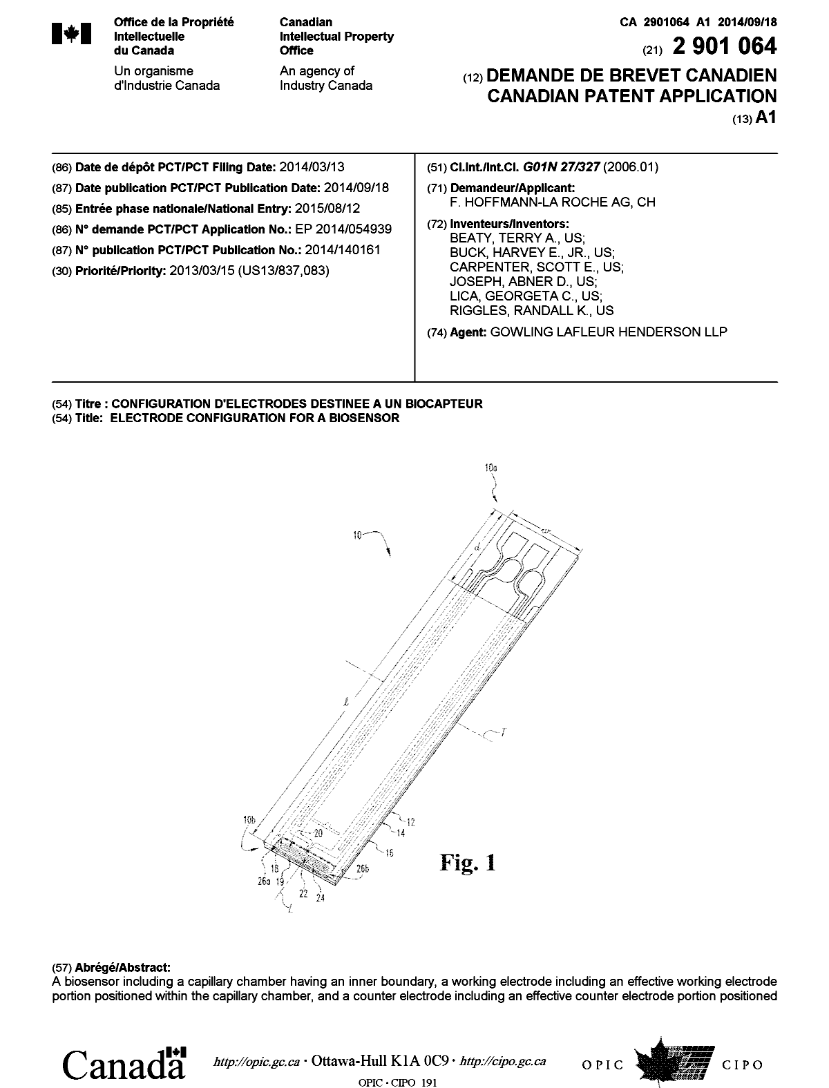 Canadian Patent Document 2901064. Cover Page 20150828. Image 1 of 2